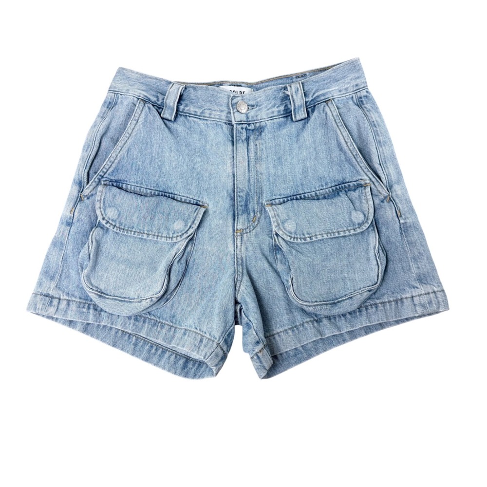 AGOLDE Vida High‎ Rise Cargo Denim Shorts Light Wash Blue Organic Cotton 24